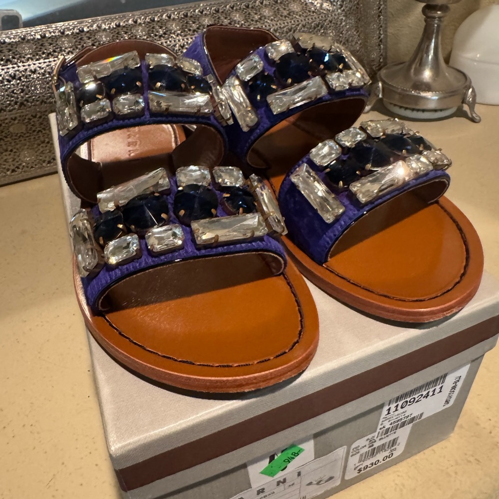 Authentic Marni Blue Harako x Big Bijou Flat Sandals.